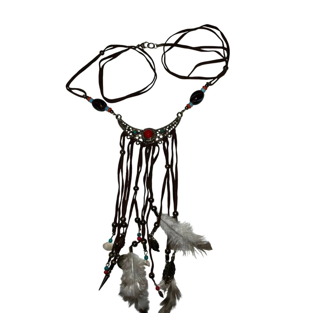 Iris Apfel & Bajalia Feather Dangle Bib Necklace Boho Indian Hippie Statement